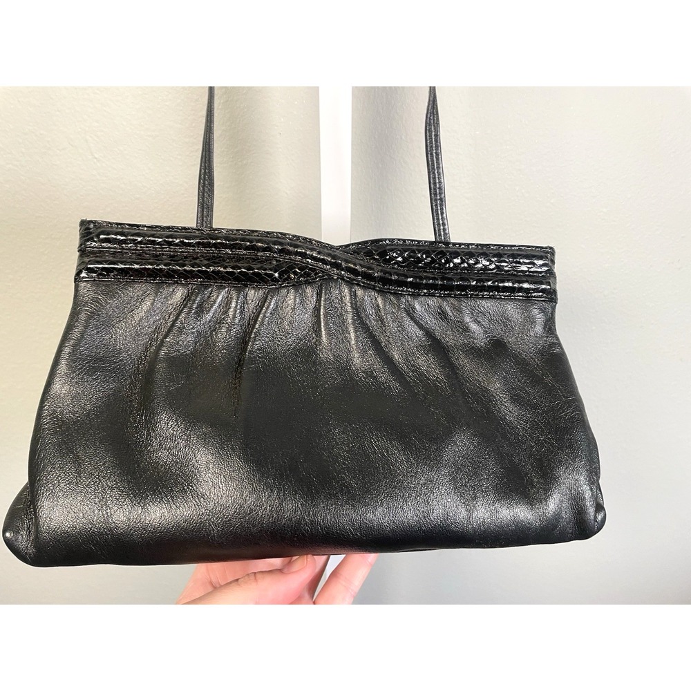 Ande‎ Shoulder Bag Womens Small Black Leather Snake Trim Vintage